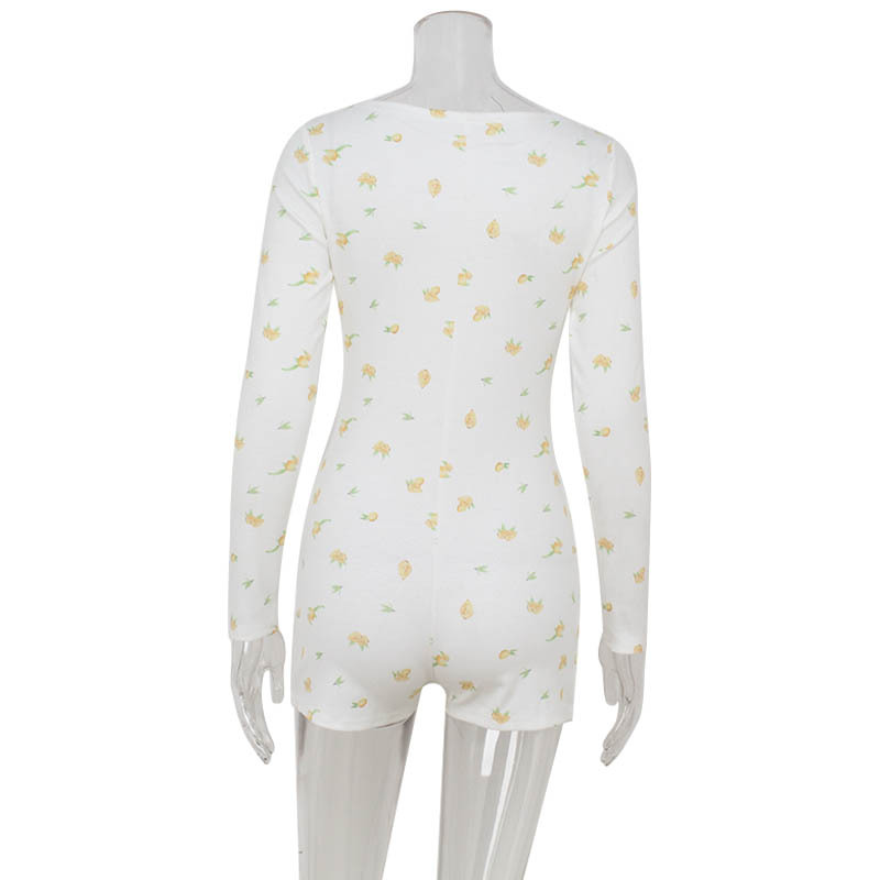 Long Sleeve Square Neck Printed Bodycon Sexy "Pure-Temptation" Jumpsuit – One-Piece Romper with High Waist & Shorts Cut, Women's Slim-Fit All-in-One