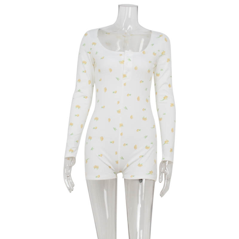 Long Sleeve Square Neck Printed Bodycon Sexy "Pure-Temptation" Jumpsuit – One-Piece Romper with High Waist & Shorts Cut, Women's Slim-Fit All-in-One