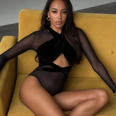 Sheer Mesh & Velvet Paneled Sexy Crisscross Cut-Out Bodycon High-Waist Elegant Long Sleeve Jumpsuit – Women's Western-Style Fitted Bodysuit 01