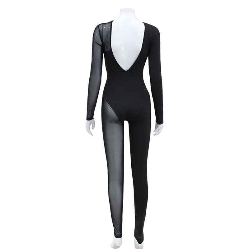 Sheer Mesh Paneled See-Through Bodycon Long Sleeve Full-Length Jumpsuit with Open Back – Women's High-Waist Slim-Fit Solid Color One-Piece Bodysuit