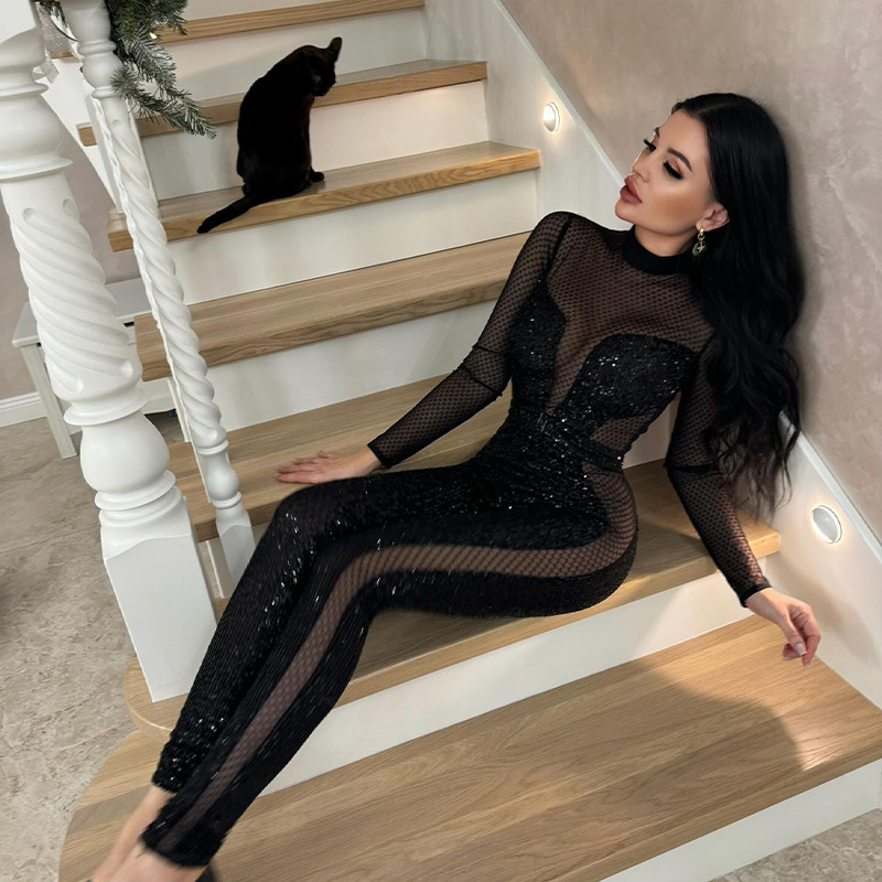 Mesh Sheer Panel with Sequined Fashion Sexy Long Sleeve Full-Length Jumpsuit – Women's One-Piece Bodycon Bodysuit for Parties & Nightlife