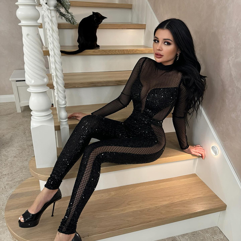 Mesh Sheer Panel with Sequined Fashion Sexy Long Sleeve Full-Length Jumpsuit – Women's One-Piece Bodycon Bodysuit for Parties & Nightlife