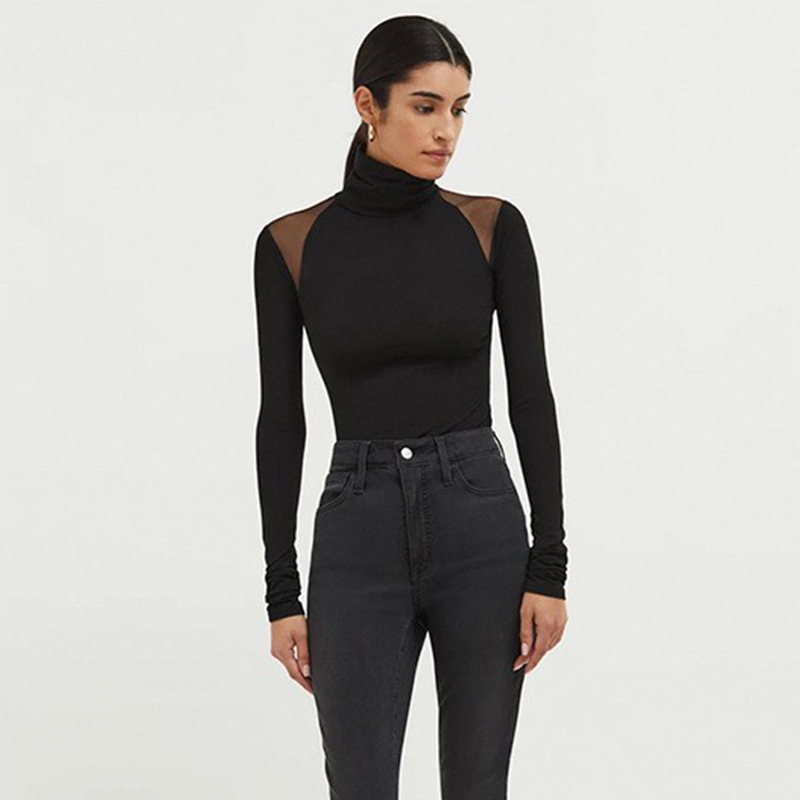 Turtleneck Sheer Mesh Paneled Slim-Fit High-Stretch Elegant Long Sleeve Jumpsuit – Women's One-Piece Bodysuit, Fashion Bodycon Top