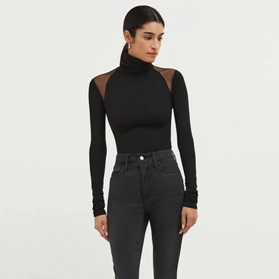 Turtleneck Sheer Mesh Paneled Slim-Fit High-Stretch Elegant Long Sleeve Jumpsuit – Women's One-Piece Bodysuit, Fashion Bodycon Top 01