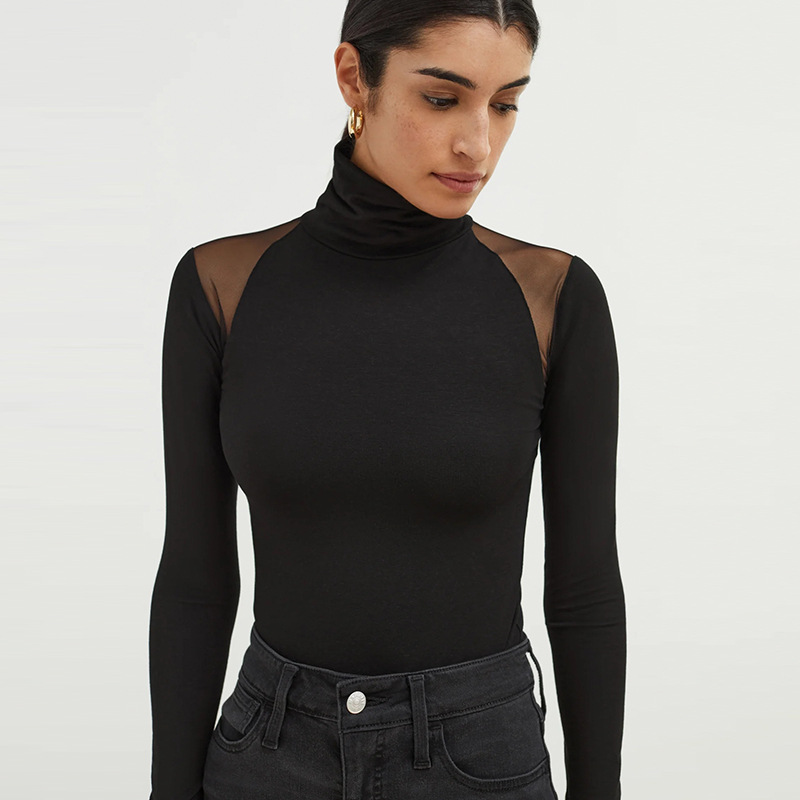 Turtleneck Sheer Mesh Paneled Slim-Fit High-Stretch Elegant Long Sleeve Jumpsuit – Women's One-Piece Bodysuit, Fashion Bodycon Top