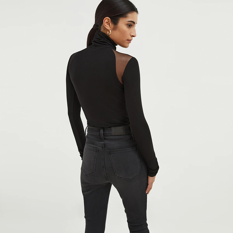 Turtleneck Sheer Mesh Paneled Slim-Fit High-Stretch Elegant Long Sleeve Jumpsuit – Women's One-Piece Bodysuit, Fashion Bodycon Top