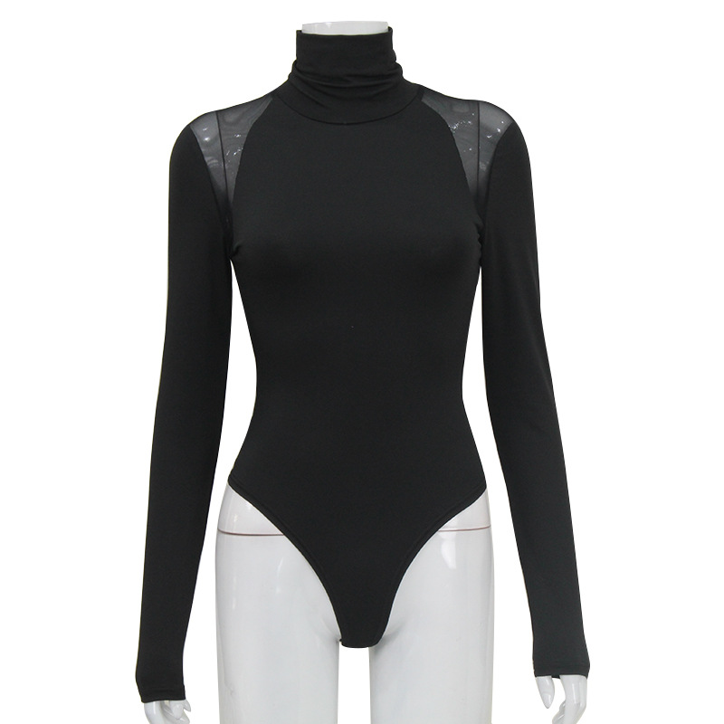 Turtleneck Sheer Mesh Paneled Slim-Fit High-Stretch Elegant Long Sleeve Jumpsuit – Women's One-Piece Bodysuit, Fashion Bodycon Top