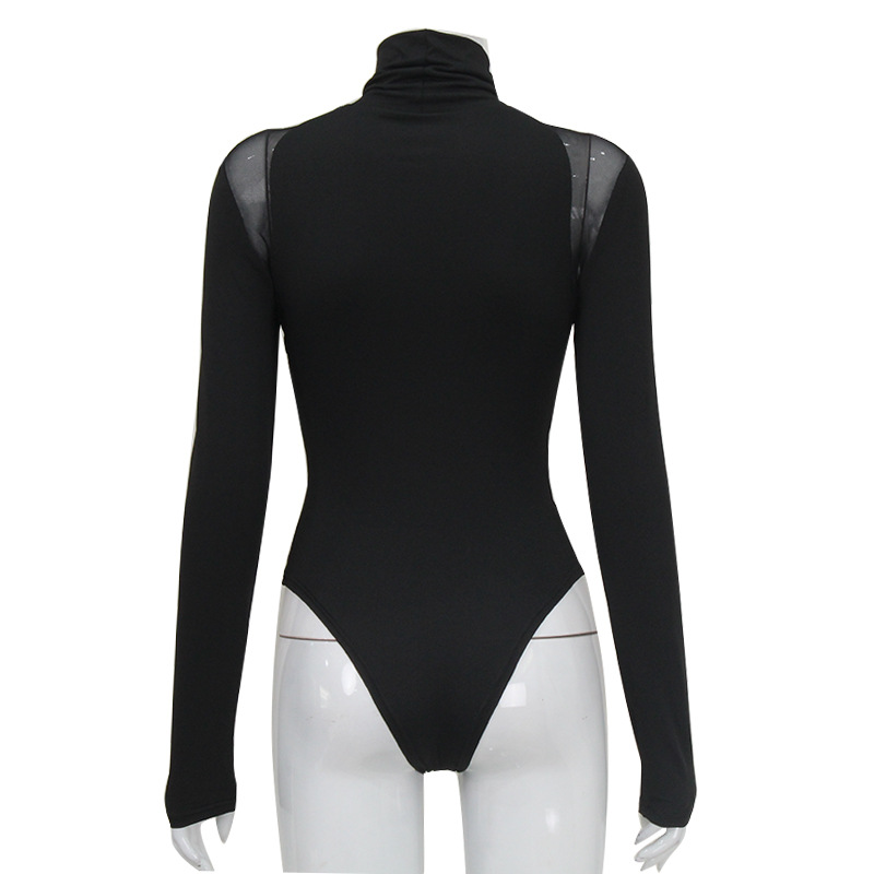 Turtleneck Sheer Mesh Paneled Slim-Fit High-Stretch Elegant Long Sleeve Jumpsuit – Women's One-Piece Bodysuit, Fashion Bodycon Top