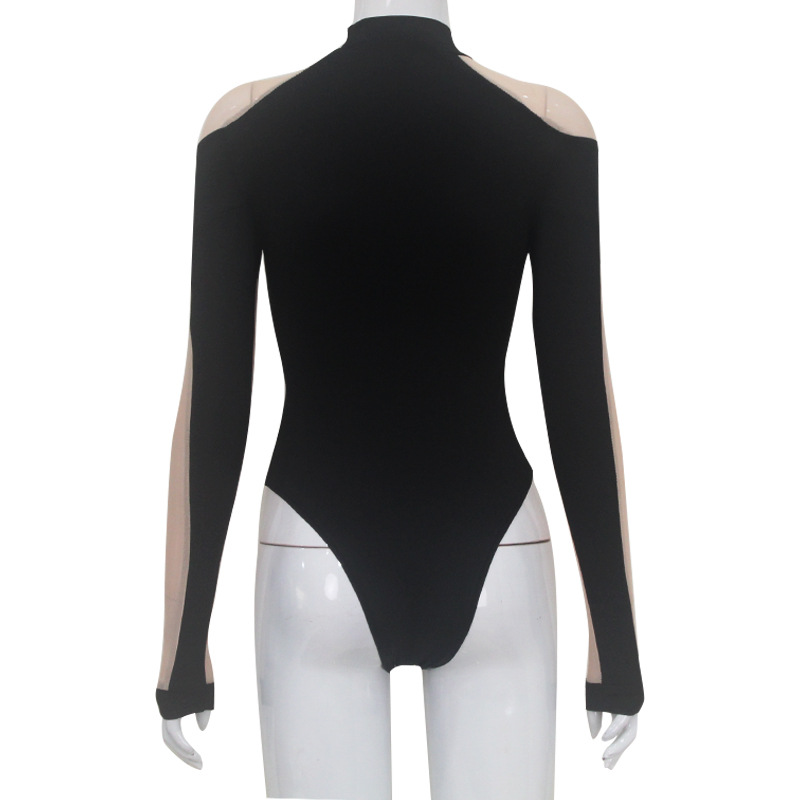 Long Sleeve Bodycon Sheer Mesh Paneled See-Through Sexy Jumpsuit – Cute Girl Style Fitted One-Piece Top, Women's High-Stretch Bodysuit
