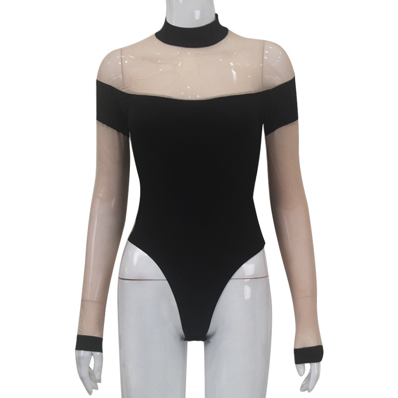 Long Sleeve Bodycon Sheer Mesh Paneled See-Through Sexy Jumpsuit – Cute Girl Style Fitted One-Piece Top, Women's High-Stretch Bodysuit