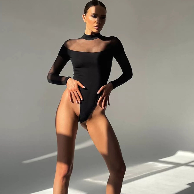 Long Sleeve Bodycon Sheer Mesh Paneled See-Through Sexy Jumpsuit – Cute Girl Style Fitted One-Piece Top, Women's High-Stretch Bodysuit