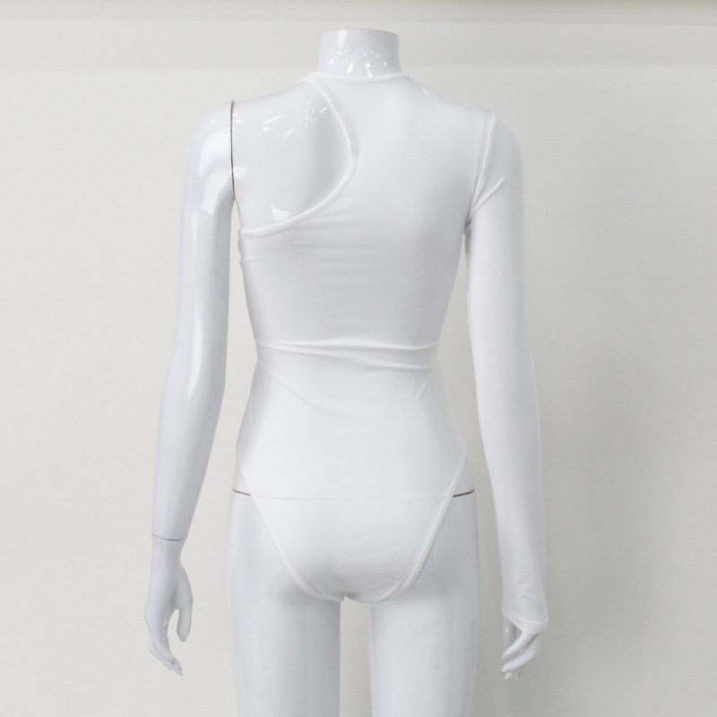 Asymmetrical One-Shoulder Long Sleeve High-Stretch Off-Shoulder Knotted Stylish Sexy Elegant Jumpsuit – Women's Fitted One-Piece Bodysuit Top