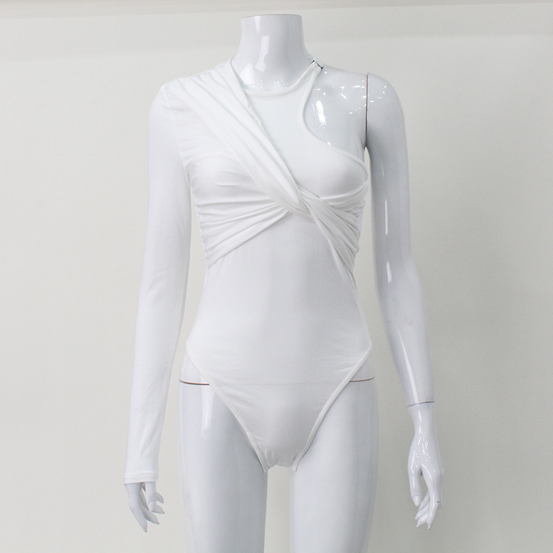 Asymmetrical One-Shoulder Long Sleeve High-Stretch Off-Shoulder Knotted Stylish Sexy Elegant Jumpsuit – Women's Fitted One-Piece Bodysuit Top