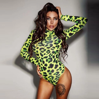 High-Neck Long Sleeve Green Leopard Print Sexy Bodycon Jumpsuit – Women's One-Piece Fitted Bodysuit for Outerwear, Slim-Fit Animal Print Top 02