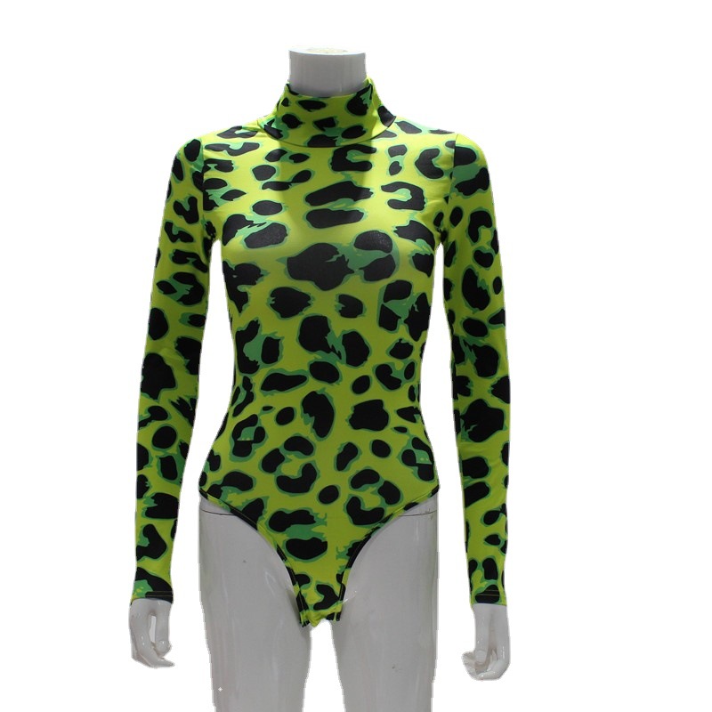 High-Neck Long Sleeve Green Leopard Print Sexy Bodycon Jumpsuit – Women's One-Piece Fitted Bodysuit for Outerwear, Slim-Fit Animal Print Top