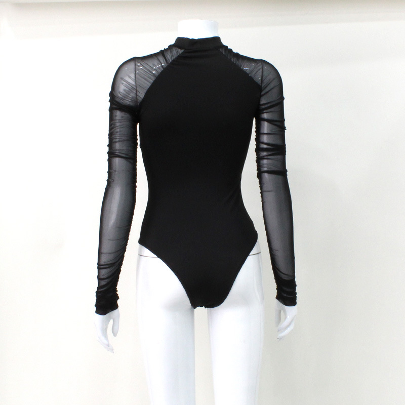 Sheer Mesh Paneled Long Sleeve Bodycon Slimming Jumpsuit for Women – Cutout Stylish High-Waist One-Piece Top, Long-Sleeve Romper