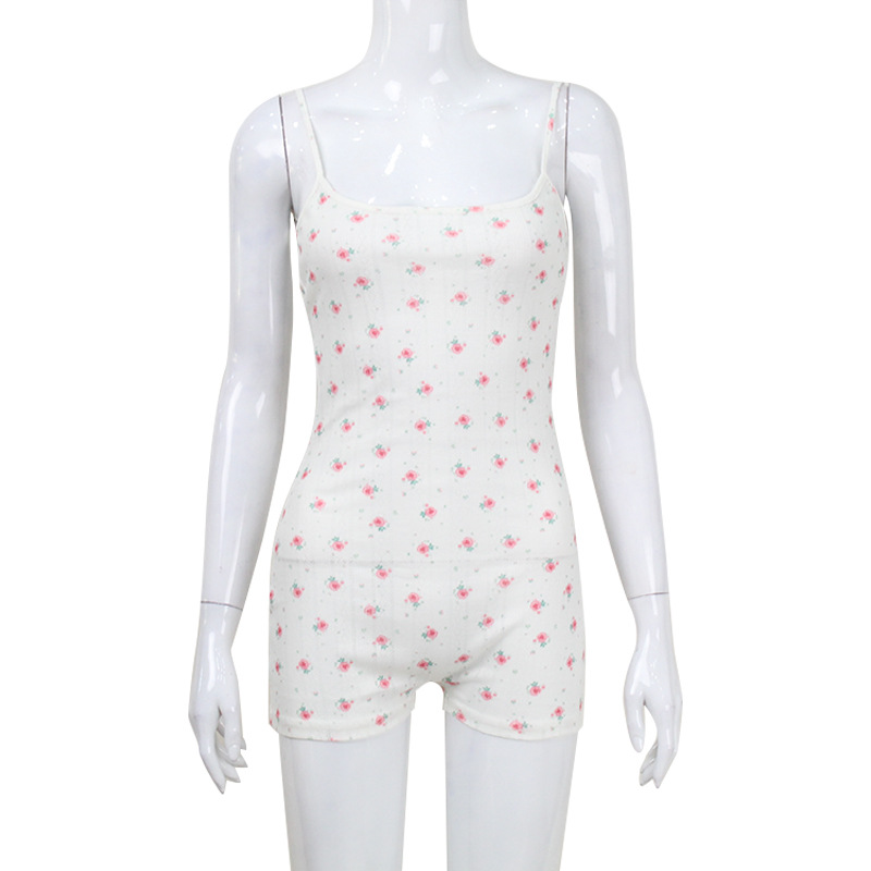 Youthful Sexy Spaghetti Strap Jumpsuit with Open Back Tie Detail, Cute Girl Style Floral Print Romper – Women's Summer Fresh Short-Style One-Piece Shorts