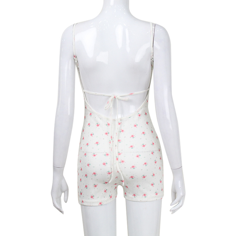 Youthful Sexy Spaghetti Strap Jumpsuit with Open Back Tie Detail, Cute Girl Style Floral Print Romper – Women's Summer Fresh Short-Style One-Piece Shorts