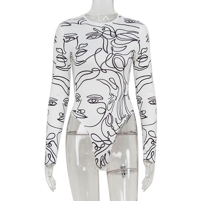 Bodycon High-Waist Round Neck Long Sleeve Western Streetwear Printed Jumpsuit – Slim-Fit Lightweight One-Piece Top, Women's Fitted Bodysuit