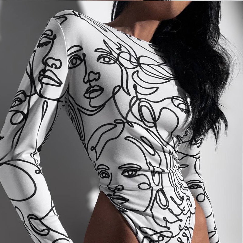 Bodycon High-Waist Round Neck Long Sleeve Western Streetwear Printed Jumpsuit – Slim-Fit Lightweight One-Piece Top, Women's Fitted Bodysuit