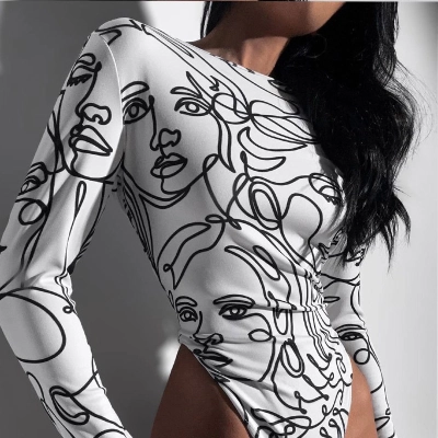 Bodycon High-Waist Round Neck Long Sleeve Western Streetwear Printed Jumpsuit – Slim-Fit Lightweight One-Piece Top, Women's Fitted Bodysuit 01