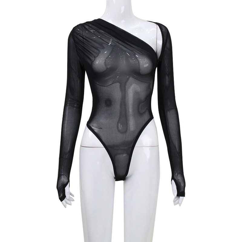 Sexy Asymmetrical Neck Sheer Mesh Long Sleeve Club Pure-Temptation Cute Girl Jumpsuit – Women's High-Stretch Bodycon One-Piece Top