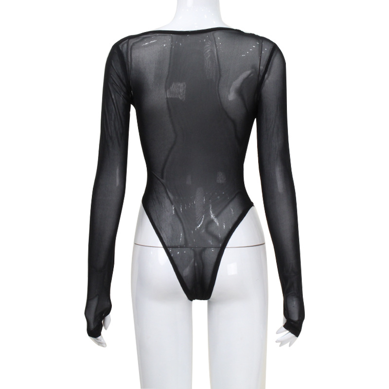 Sexy Asymmetrical Neck Sheer Mesh Long Sleeve Club Pure-Temptation Cute Girl Jumpsuit – Women's High-Stretch Bodycon One-Piece Top