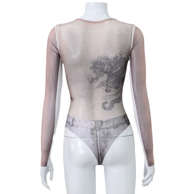 Sexy Sheer Mesh See-Through Printed Bodycon Cute Girl Jumpsuit – Women's High-Stretch Off-Shoulder/Halter One-Piece Top