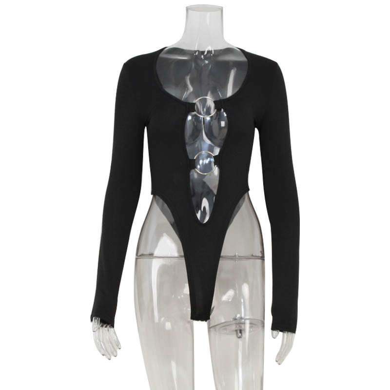 Sizzling Cutout with Metal Ring Detail High-Waist Bodycon Jumpsuit – Women's Sexy Long Sleeve Top, One-Piece Slimming Bodysuit