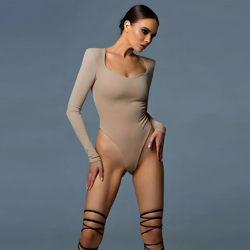 Long Sleeve Square Neck Bodycon Cute Girl Jumpsuit – Women's Pure-Temptation Style High-Stretch Slim-Fit One-Piece Top