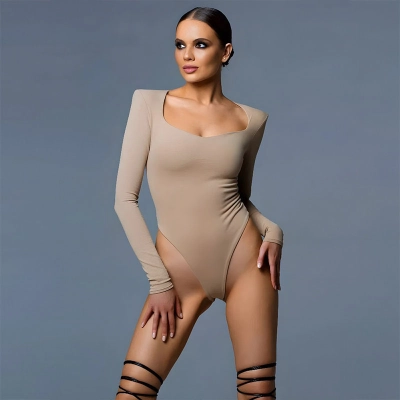 Long Sleeve Square Neck Bodycon Cute Girl Jumpsuit – Women's Pure-Temptation Style High-Stretch Slim-Fit One-Piece Top 02