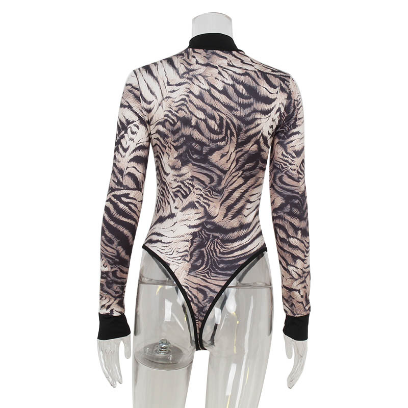 Fashion Zebra Print Mock Neck Long Sleeve Jumpsuit – Women's Bodycon Tight Base Layer Top, Slimming One-Piece Bodysuit