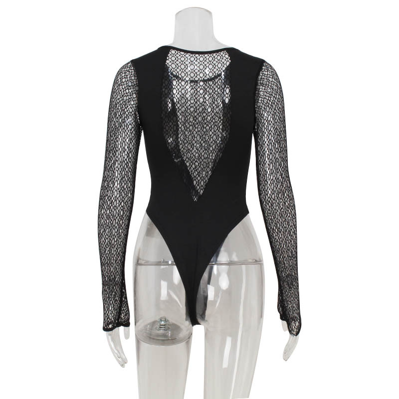 Cutout Mesh Panel Bodycon Long Sleeve Fingerless Gloves Cute Girl Jumpsuit for Women – High-Waist One-Piece Tight Bodysuit, Western Style