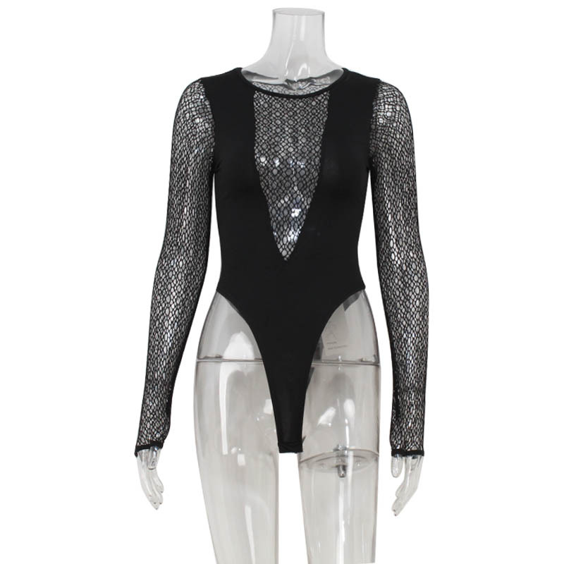 Cutout Mesh Panel Bodycon Long Sleeve Fingerless Gloves Cute Girl Jumpsuit for Women – High-Waist One-Piece Tight Bodysuit, Western Style