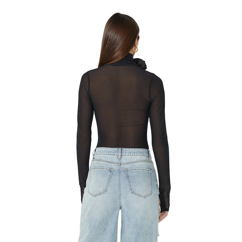 Sexy High Neck Long Sleeve Sheer Mesh Floral Embellished Bodycon Jumpsuit – Women's Base Layer Top, One-Piece Tight Bodysuit