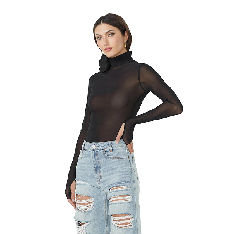 Sexy High Neck Long Sleeve Sheer Mesh Floral Embellished Bodycon Jumpsuit – Women's Base Layer Top, One-Piece Tight Bodysuit