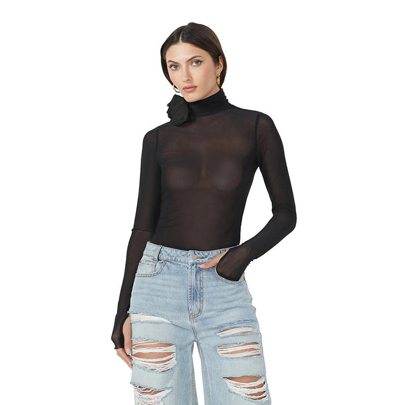 Sexy High Neck Long Sleeve Sheer Mesh Floral Embellished Bodycon Jumpsuit – Women's Base Layer Top, One-Piece Tight Bodysuit