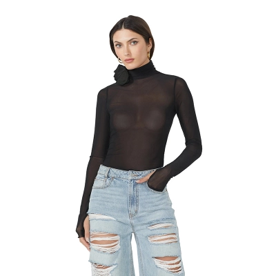 Sexy High Neck Long Sleeve Sheer Mesh Floral Embellished Bodycon Jumpsuit – Women's Base Layer Top, One-Piece Tight Bodysuit 01