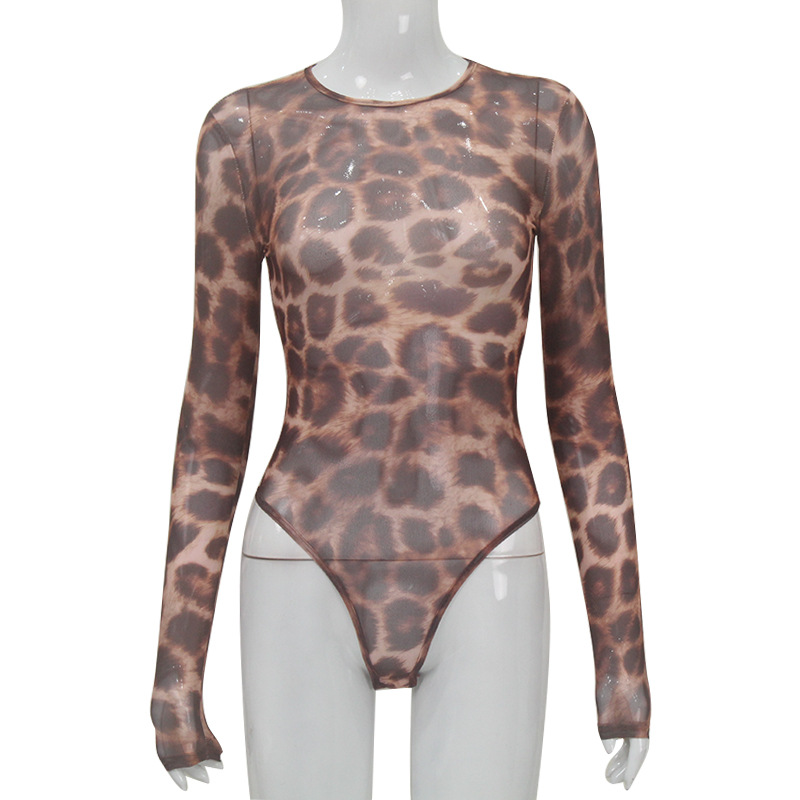 Round Neck Long Sleeve Sexy Leopard Print Bodysuit – High-Waist Slim Fit Top for Club & Streetwear
