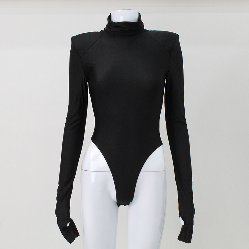 Padded Shoulder Minimalist Turtleneck Long Sleeve Slim Fit Solid Color Bodysuit – Stylish & Versatile One-Piece for Work & Night