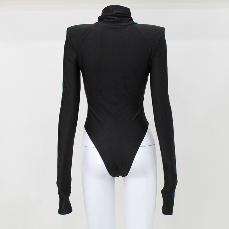 Padded Shoulder Minimalist Turtleneck Long Sleeve Slim Fit Solid Color Bodysuit – Stylish & Versatile One-Piece for Work & Night