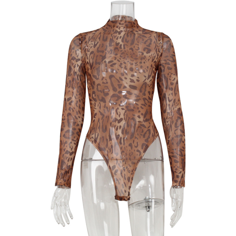 Round Neck Long Sleeve High-Stretch Leopard Mesh Print Bodysuit – Sexy Tight Fit Clubwear for Night Out & Festival