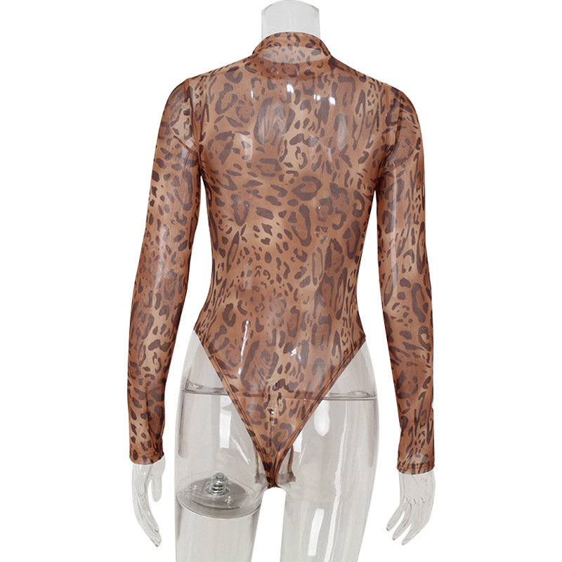 Round Neck Long Sleeve High-Stretch Leopard Mesh Print Bodysuit – Sexy Tight Fit Clubwear for Night Out & Festival