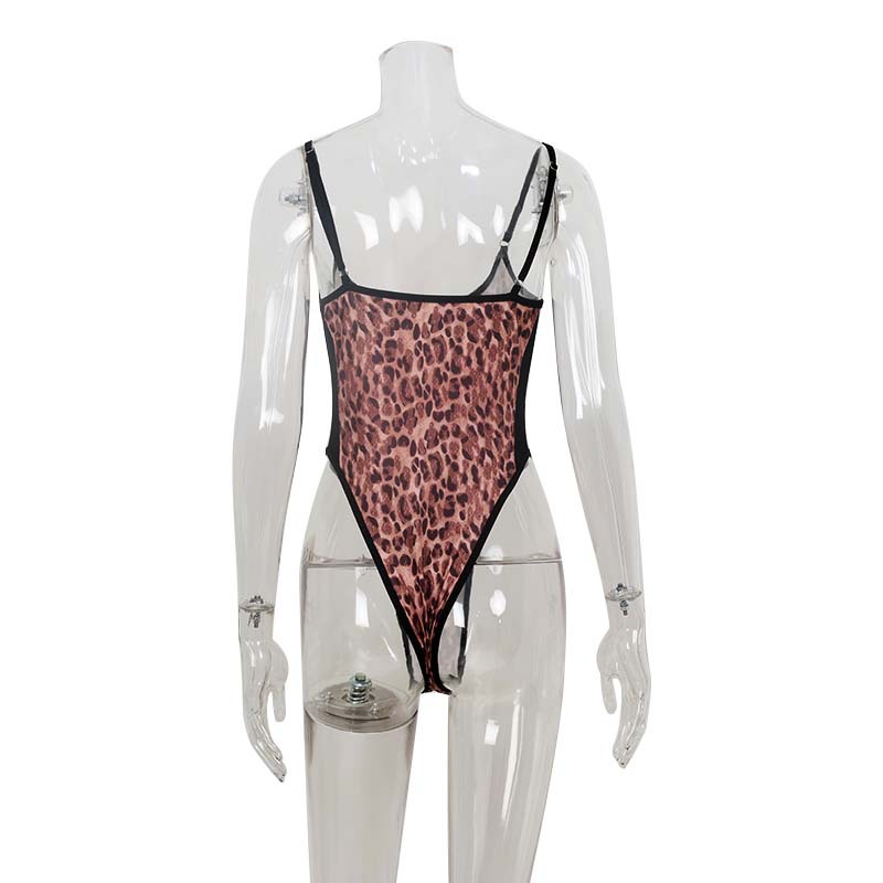 Sheer Mesh U-Neck Tight Fit Leopard Print Strap Bodysuit – Sexy See-Through Clubwear for Night Out & Festival