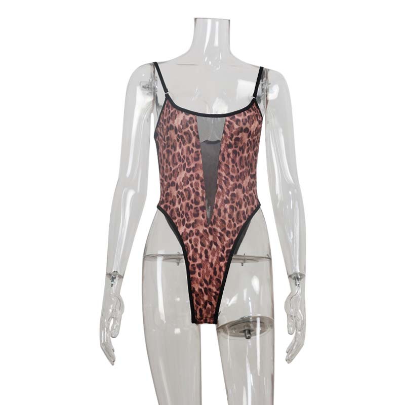 Sheer Mesh U-Neck Tight Fit Leopard Print Strap Bodysuit – Sexy See-Through Clubwear for Night Out & Festival