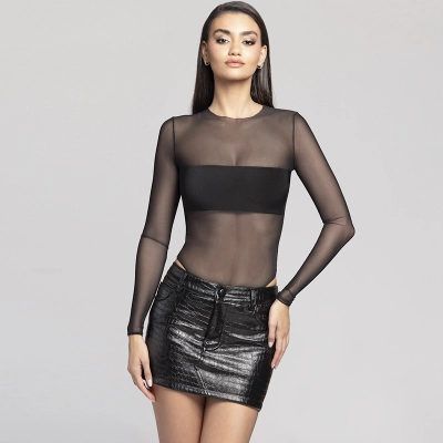 Fashion Mesh Panel Long Sleeve Sexy Bodysuit – Slim Fit See-Through Clubwear for Night Out & Festival 02