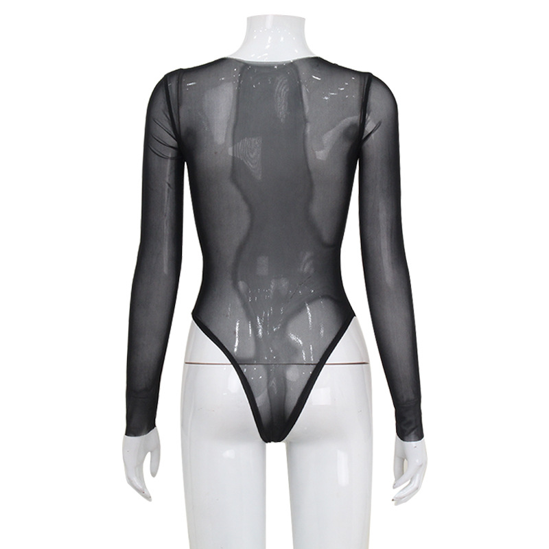 Fashion Mesh Panel Long Sleeve Sexy Bodysuit – Slim Fit See-Through Clubwear for Night Out & Festival
