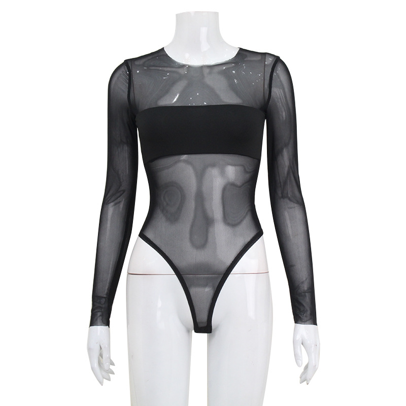 Fashion Mesh Panel Long Sleeve Sexy Bodysuit – Slim Fit See-Through Clubwear for Night Out & Festival