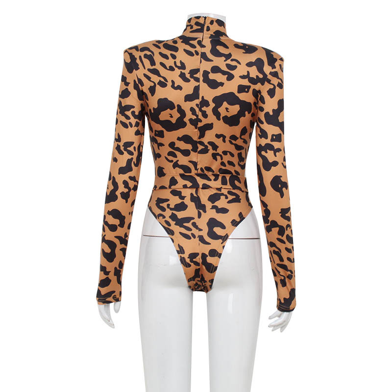 Turtleneck Long Sleeve Animal Print Cutout Bodycon Jumpsuit