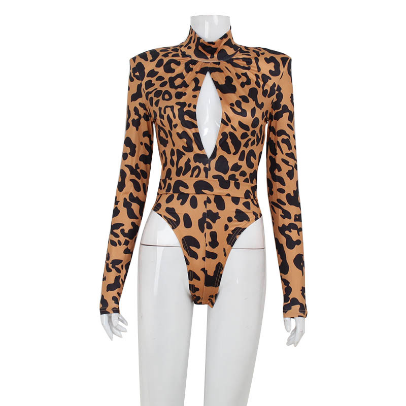 Turtleneck Long Sleeve Animal Print Cutout Bodycon Jumpsuit